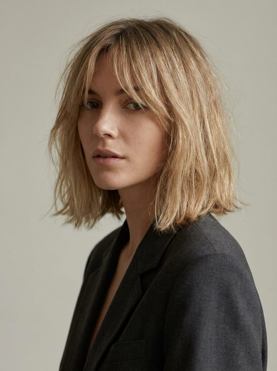 Mittellanger Bob mit Curtain Bangs - Mittellanger blonder Bob